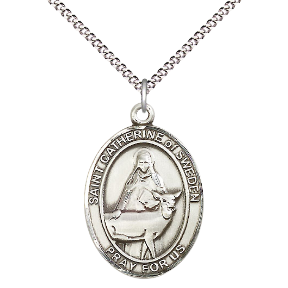 Women's .925 Sterling Silver Saint St. Catherine of Sweden Medal Pendant on 18 Inch Rhodium Plated Lite Curb Brass Chain with Lobster Claw Clasp, Catholic Religious Necklace - Made in USA- Velvet Gift Box