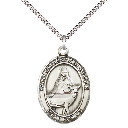 Women's .925 Sterling Silver Saint St. Catherine of Sweden Medal Pendant on 18 Inch Rhodium Plated Lite Curb Brass Chain with Lobster Claw Clasp, Catholic Religious Necklace - Made in USA- Velvet Gift Box