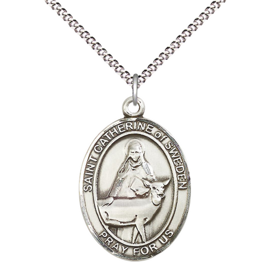 Women's .925 Sterling Silver Saint St. Catherine of Sweden Medal Pendant on 18 Inch Rhodium Plated Lite Curb Brass Chain with Lobster Claw Clasp, Catholic Religious Necklace - Made in USA- Velvet Gift Box