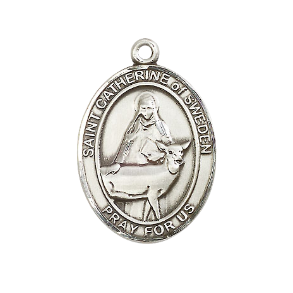 Women's .925 Sterling Silver Saint St. Catherine of Sweden Medal Pendant on 18 Inch Rhodium Plated Lite Curb Brass Chain with Lobster Claw Clasp, Catholic Religious Necklace - Made in USA- Velvet Gift Box
