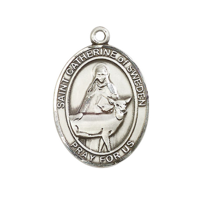 Women's .925 Sterling Silver Saint St. Catherine of Sweden Medal Pendant on 18 Inch Rhodium Plated Lite Curb Brass Chain with Lobster Claw Clasp, Catholic Religious Necklace - Made in USA- Velvet Gift Box