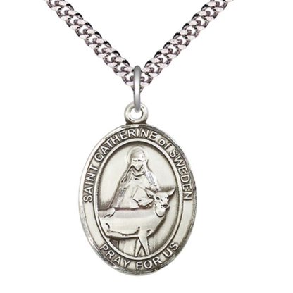 Saint St. Catherine of Sweden Medal Necklace, Catholic Medal - Patron Saint. of Miscarriages & Pro- Life Protection – 24 Inch Endless Light Rhodium Plated Chain – Velvet Gift Box