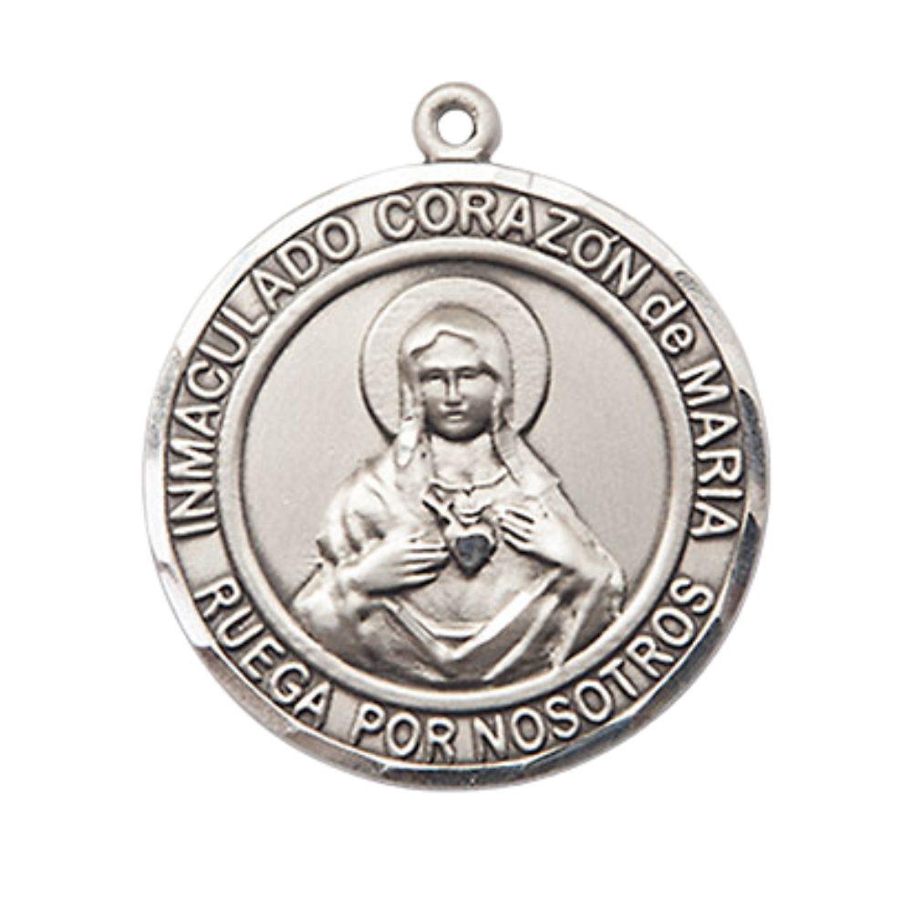 Spanish Script Women's .925 Sterling Silver Corazon Inmaculado de Maria Medal Pendant on 18 Inch Rhodium Plated Lite Curb Brass Chain, Catholic Religious Necklace - Made in USA- Deluxe Velvet Gift Box