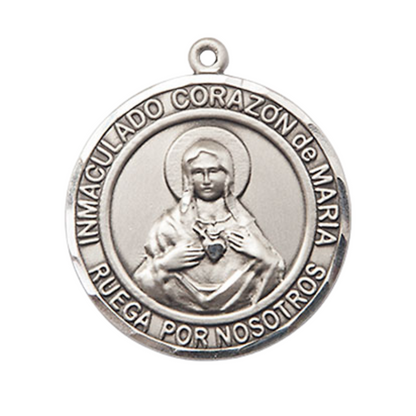 Spanish Script Women's .925 Sterling Silver Corazon Inmaculado de Maria Medal Pendant on 18 Inch Rhodium Plated Lite Curb Brass Chain, Catholic Religious Necklace - Made in USA- Deluxe Velvet Gift Box