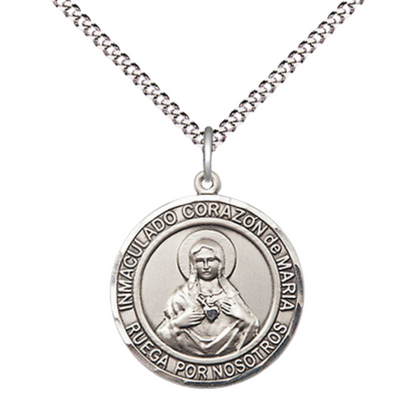 Spanish Script Women's .925 Sterling Silver Corazon Inmaculado de Maria Medal Pendant on 18 Inch Rhodium Plated Lite Curb Brass Chain, Catholic Religious Necklace - Made in USA- Deluxe Velvet Gift Box