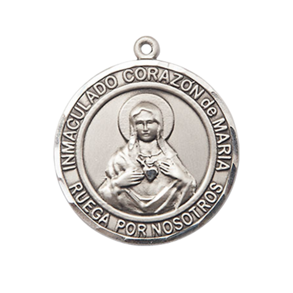 Round Pewter Corazon Inmaculado de Maria Medal Pendant on 24" Rhodium Plated Heavy Curb Brass Chain with Lobster Claw clasp, Catholic Religious Necklace -Made in USA- Deluxe Velvet Gift Box