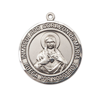 Round Pewter Corazon Inmaculado de Maria Medal Pendant on 24" Rhodium Plated Heavy Curb Brass Chain with Lobster Claw clasp, Catholic Religious Necklace -Made in USA- Deluxe Velvet Gift Box