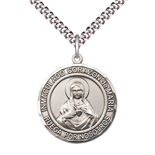 Round Pewter Corazon Inmaculado de Maria Medal Pendant on 24" Rhodium Plated Heavy Curb Brass Chain with Lobster Claw clasp, Catholic Religious Necklace -Made in USA- Deluxe Velvet Gift Box