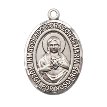 Everlasting Light Jewelry Spanish Script Women's Pewter Corazon Inmaculado de Maria Medal Pendant on 18 Inch Rhodium Plated Lite Curb Brass Chain, Catholic Religious Necklace - Made in USA, in Deluxe Velvet Gift Box