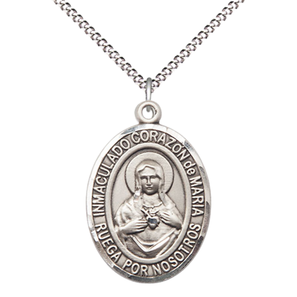 Everlasting Light Jewelry Spanish Script Women's Pewter Corazon Inmaculado de Maria Medal Pendant on 18 Inch Rhodium Plated Lite Curb Brass Chain, Catholic Religious Necklace - Made in USA, in Deluxe Velvet Gift Box