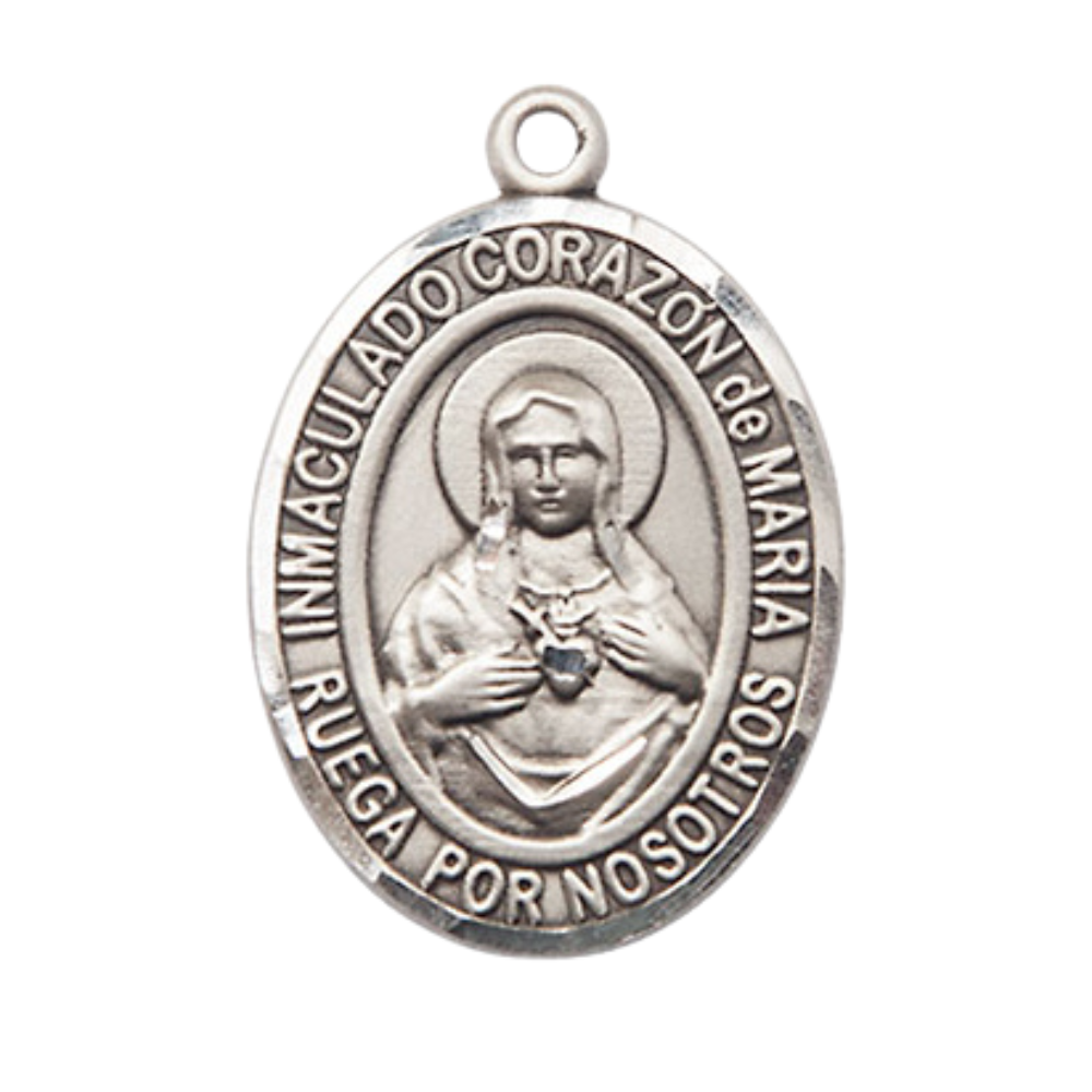 Everlasting Light Jewelry Spanish Script Men's Pewter Corazon Inmaculado de Maria Medal Pendant on 24 Inch Endless Rhodium Plated Heavy Curb Chain, Catholic Religious Necklace - Made in USA, Deluxe Velvet Gift Box