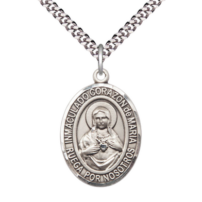 Everlasting Light Jewelry Spanish Script Men's Pewter Corazon Inmaculado de Maria Medal Pendant on 24 Inch Endless Rhodium Plated Heavy Curb Chain, Catholic Religious Necklace - Made in USA, Deluxe Velvet Gift Box