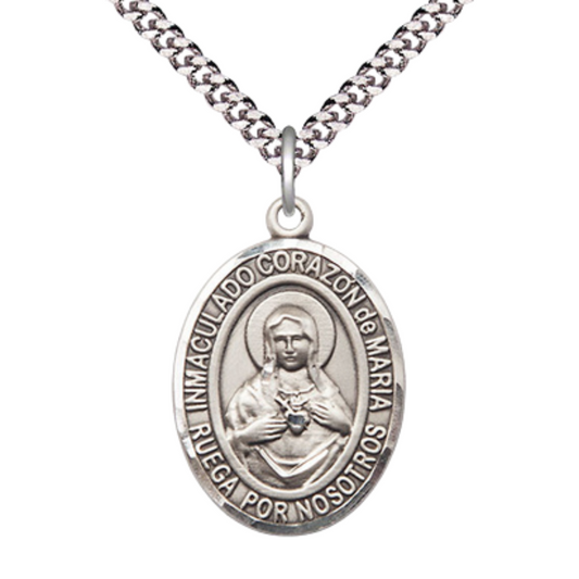 Oval Pewter Corazon Inmaculado de Maria Medal Pendant on 24 Inch Rhodium Plated Heavy Curb Brass Chain with Lobster Claw clasp, Catholic Religious Necklace - Made in USA- Deluxe Velvet Gift Box