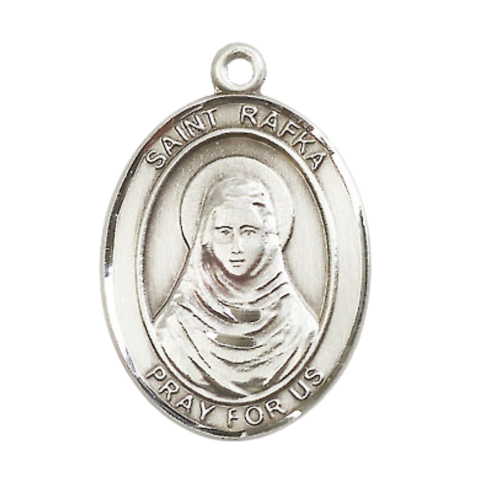 Oval .925 Sterling Silver Saint St. Rafka Medal Pendant on 24 inch Rhodium Plated Heavy Curb Brass Chain with Lobster Claw clasp, Catholic Religious Necklace - Made in USA- Deluxe Velvet Gift Box