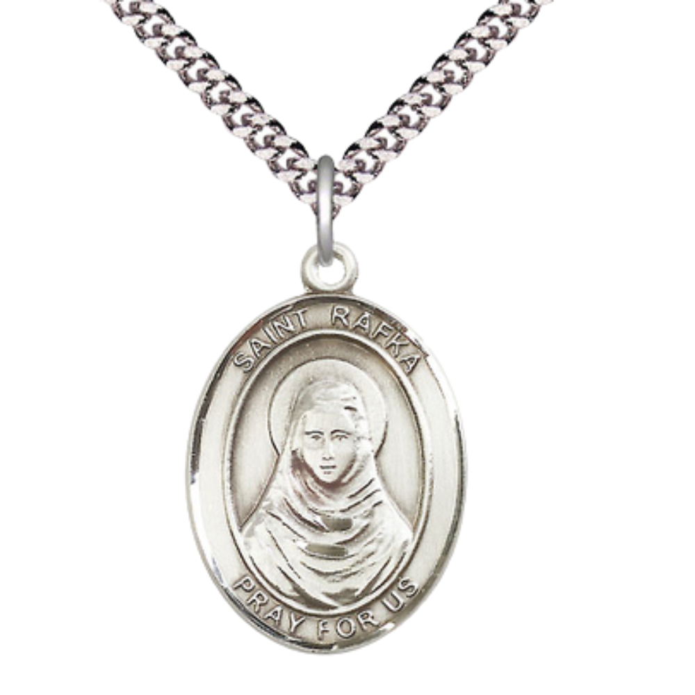Saint St. Rafka Medal Necklace, Catholic Medal - Patron Saint. of Loss of Parents – 24 Inch Endless Light Rhodium Plated Chain – Velvet Gift Box