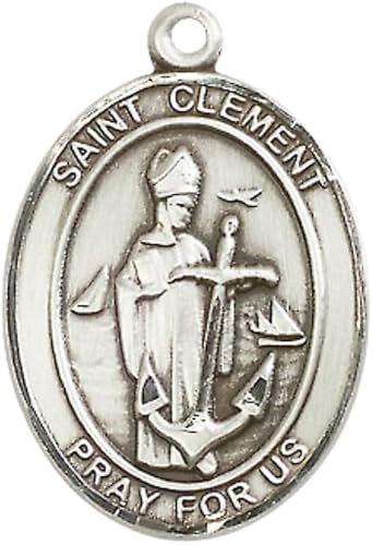1 x 3/4" Oval Pewter Saint St. Clement Medal Pendant on 24 inch Rhodium Plated Heavy Curb Brass Chain with Lobster Claw clasp, Catholic Religious Necklace - Made in USA- Deluxe Velvet Gift Box
