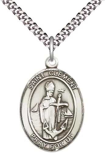 Saint St. Clement Medal Necklace– Men's Pewter Pendant with 24- Inch Light Rhodium Plated Chain – Patron Saint St. of Sailors & Sick Children, Catholic Medal – Velvet Gift Box Included