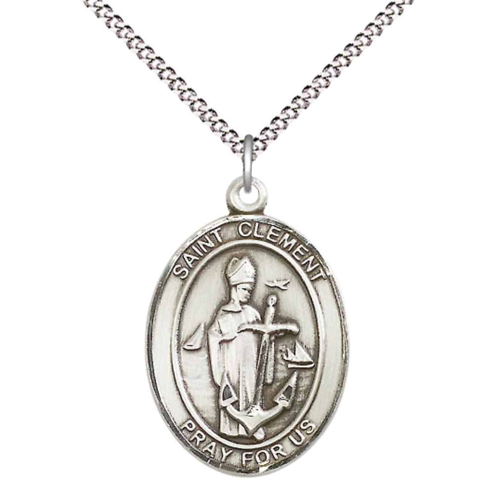 Women's .925 Sterling Silver Saint St. Clement Medal Pendant on 18 Inch Rhodium Plated Lite Curb Brass Chain with Lobster Claw Clasp, Catholic Religious Necklace - Made in USA- Deluxe Velvet Gift Box