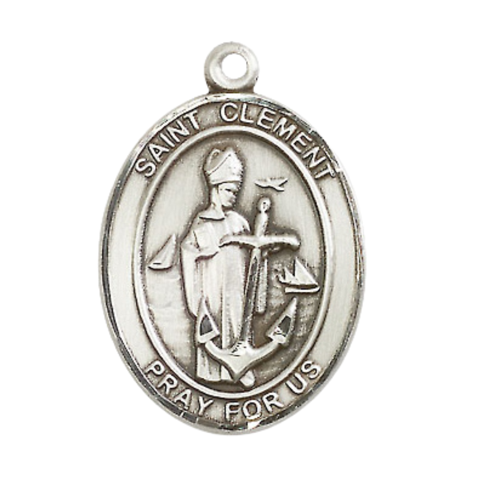 Oval .925 Sterling Silver Saint St. Clement Medal Pendant on 24 Inch Rhodium Plated Heavy Curb Brass Chain with Lobster Claw clasp, Catholic Religious Necklace - Made in USA- Deluxe Velvet Gift Box