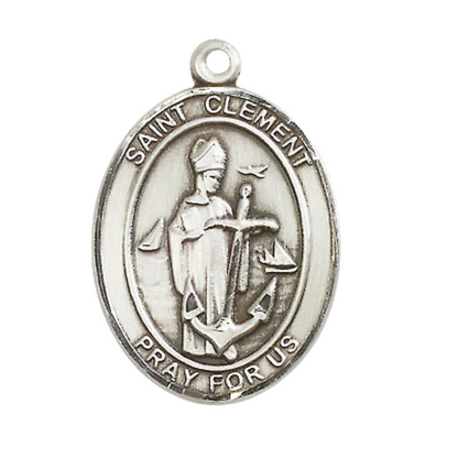 Oval .925 Sterling Silver Saint St. Clement Medal Pendant on 24 Inch Rhodium Plated Heavy Curb Brass Chain with Lobster Claw clasp, Catholic Religious Necklace - Made in USA- Deluxe Velvet Gift Box