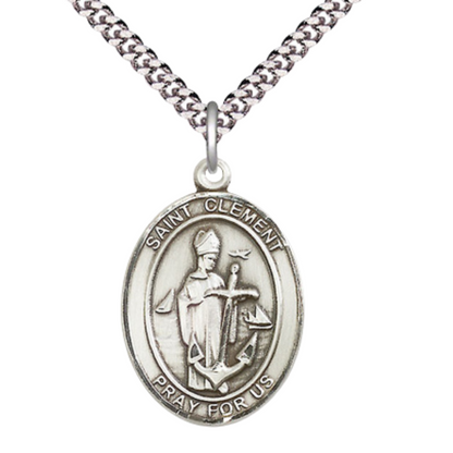 Oval .925 Sterling Silver Saint St. Clement Medal Pendant on 24 Inch Rhodium Plated Heavy Curb Brass Chain with Lobster Claw clasp, Catholic Religious Necklace - Made in USA- Deluxe Velvet Gift Box