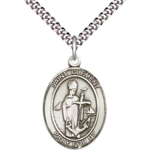 Oval .925 Sterling Silver Saint St. Clement Medal Pendant on 24 Inch Rhodium Plated Heavy Curb Brass Chain with Lobster Claw clasp, Catholic Religious Necklace - Made in USA- Deluxe Velvet Gift Box
