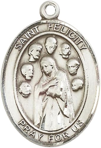 1 x 3/4" Oval Pewter Saint St. Felicity Medal Pendant on 24 inch Rhodium Plated Heavy Curb Brass Chain with Lobster Claw clasp, Catholic Religious Necklace - Made in USA- Deluxe Velvet Gift Box