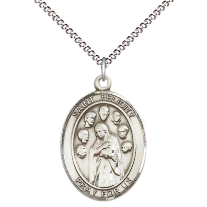 .925 Sterling Silver Saint St. Felicity Medal Pendant on 18 Inch Rhodium Plated Lite Curb Brass Chain with Lobster Claw Clasp, Catholic Religious Necklace - Made in USA- Deluxe Velvet Gift Box