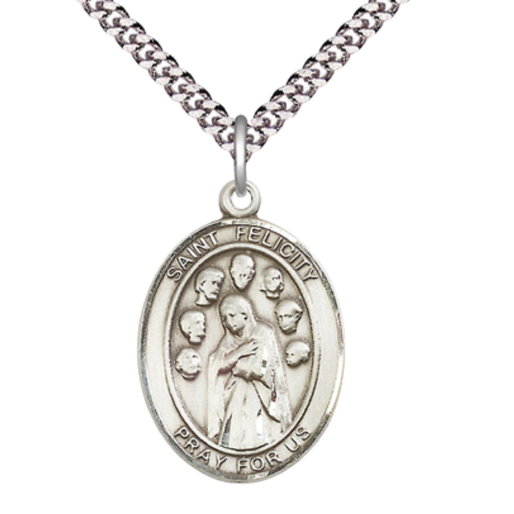 Oval .925 Sterling Silver Saint St. Felicity Medal Pendant on 24 Inch Rhodium Plated Heavy Curb Brass Chain with Lobster Claw clasp, Catholic Religious Necklace - Made in USA- Deluxe Velvet Gift Box