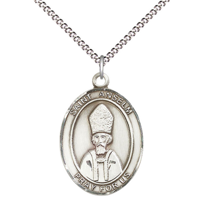 .925 Sterling Silver Saint St. Anselm of Canterbury Medal Pendant on 18 Inch Rhodium Plated Lite Curb Brass Chain with Lobster Claw Clasp, Catholic Religious Necklace - Made in USA- Velvet Gift Box