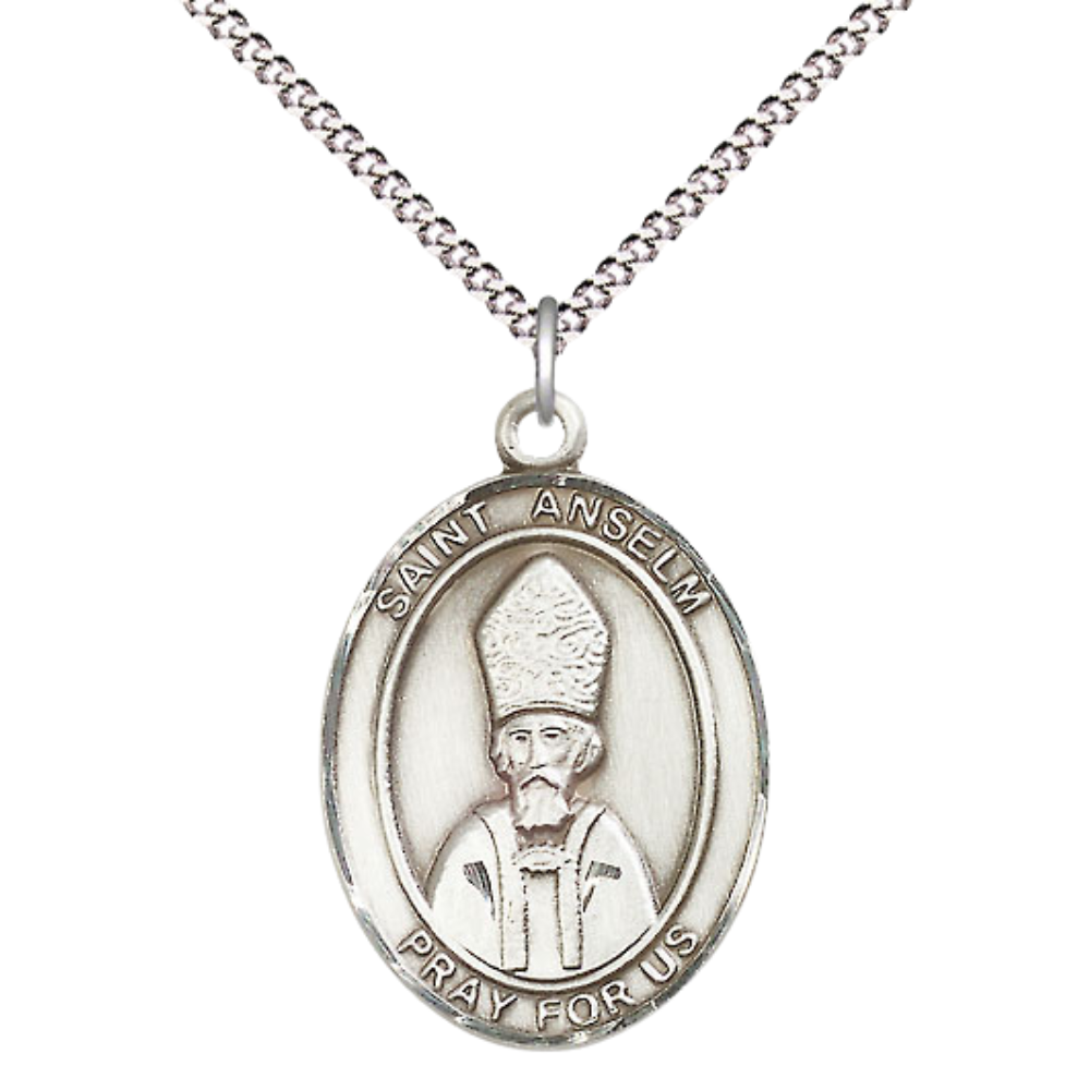 Women's Pewter Saint St. Anselm of Canterbury Medal Pendant on 18 Inch Rhodium Plated Lite Curb Brass Chain with Lobster Claw Clasp, Catholic Religious Necklace - Made in USA- Deluxe Velvet Gift Box