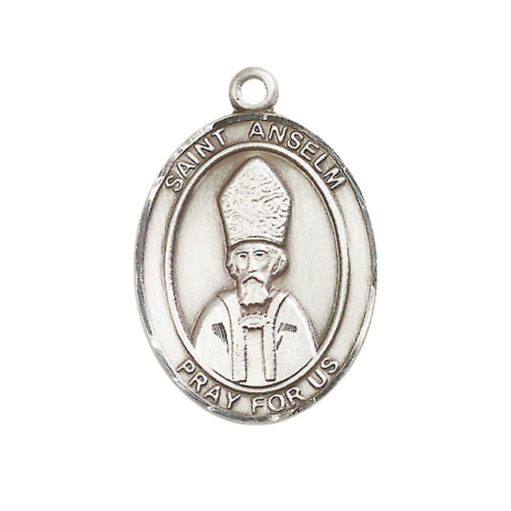 Women's Pewter Saint St. Anselm of Canterbury Medal Pendant on 18 Inch Rhodium Plated Lite Curb Brass Chain with Lobster Claw Clasp, Catholic Religious Necklace - Made in USA- Deluxe Velvet Gift Box