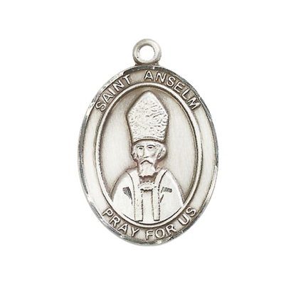 .925 Sterling Silver Saint St. Anselm of Canterbury Medal Pendant on 18 Inch Rhodium Plated Lite Curb Brass Chain with Lobster Claw Clasp, Catholic Religious Necklace - Made in USA- Velvet Gift Box