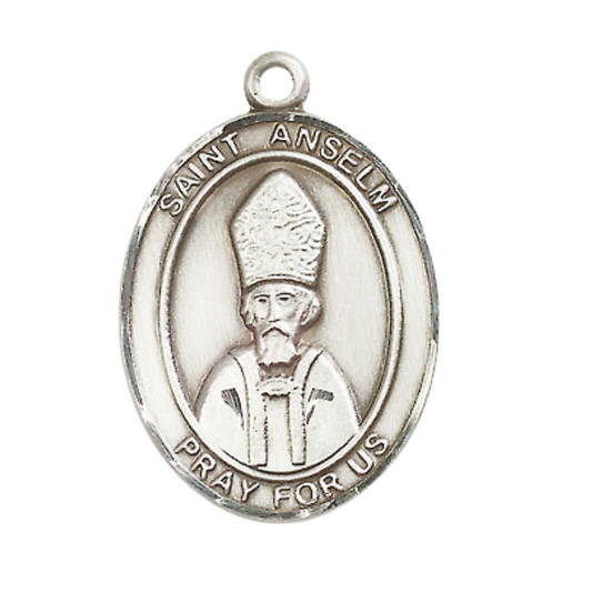 Sterling Silver Saint Anselm of Canterbury Medal Pendant on 24" Rhodium Plated Heavy Curb Brass Chain w/ Lobster Claw clasp, Catholic Religious Necklace -Made in USA- Deluxe Velvet Gift Box