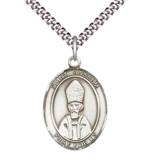 Oval Pewter Saint St. Anselm of Canterbury Medal Pendant on 24 Inch Rhodium Plated Heavy Curb Brass Chain with Lobster Claw clasp, Catholic Religious Necklace - Made in USA- Deluxe Velvet Gift Box
