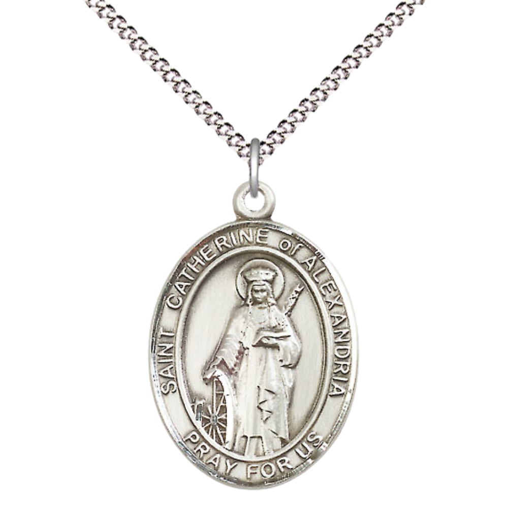 Women's .925 Sterling Silver Saint St. Catherine of Alexandria Medal Pendant on 18 Inch Rhodium Plated Lite Curb Brass Chain w/ Lobster Claw Clasp, Catholic Religious Necklace - Made in USA- Velvet Gift Box