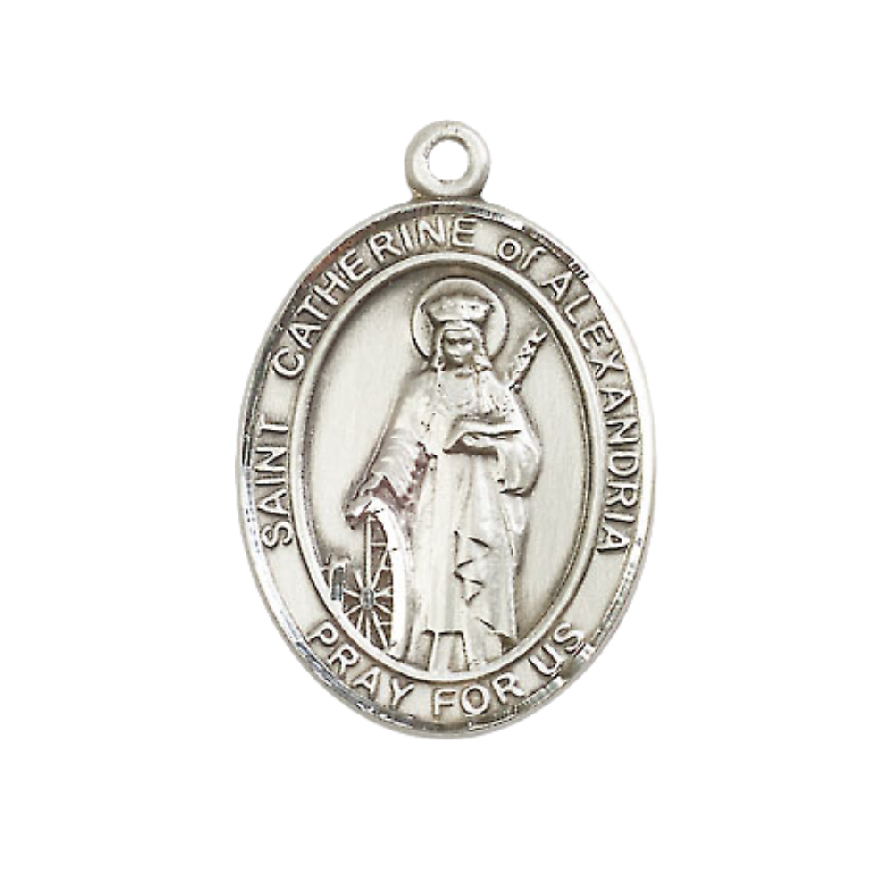 Women's Pewter Saint St. Catherine of Alexandria Medal Pendant on 18 Inch Rhodium Plated Lite Curb Brass Chain with Lobster Claw Clasp, Catholic Religious Necklace - Made in USA- Deluxe Velvet Gift Box