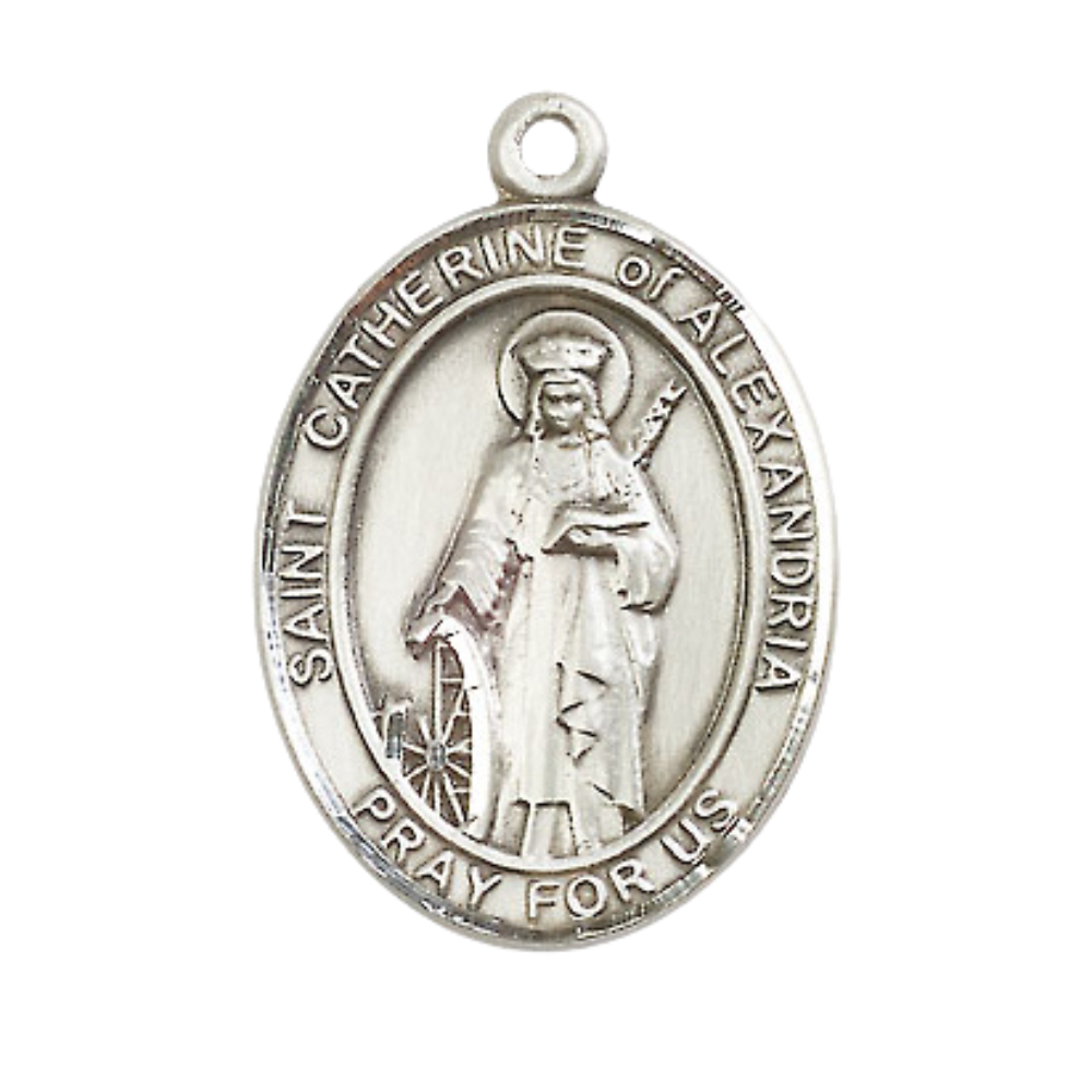 Saint St. Catherine of Alexandria Medal Necklace– Men's .925 Sterling Silver Pendant on 24 Inch Light Rhodium Plated Heavy Curb Chain – Catholic Patron Saint St. of Librarians & Lawyers – Velvet Gift Box Included