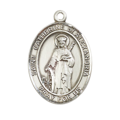 Saint St. Catherine of Alexandria Medal Necklace– Men's .925 Sterling Silver Pendant on 24 Inch Light Rhodium Plated Heavy Curb Chain – Catholic Patron Saint St. of Librarians & Lawyers – Velvet Gift Box Included