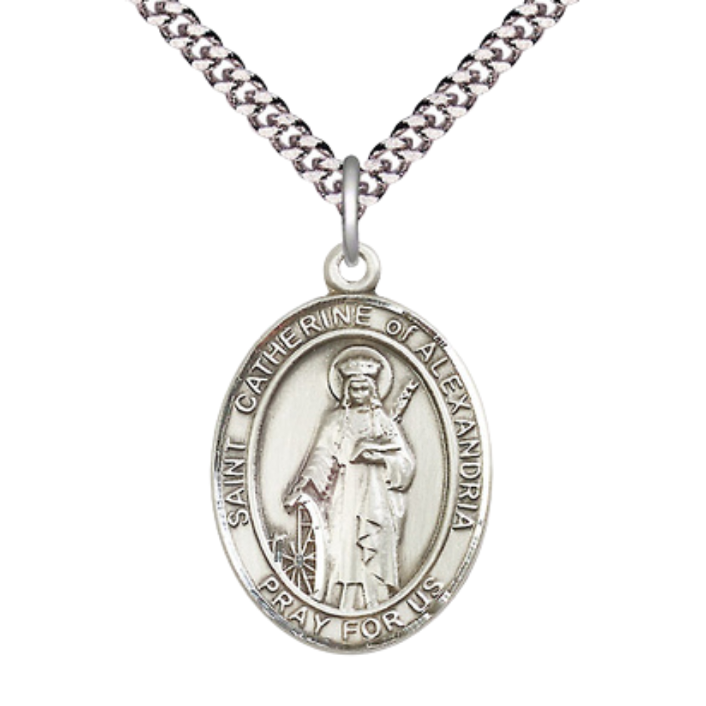 Saint St. Catherine of Alexandria Medal Necklace– Men's .925 Sterling Silver Pendant on 24 Inch Light Rhodium Plated Heavy Curb Chain – Catholic Patron Saint St. of Librarians & Lawyers – Velvet Gift Box Included