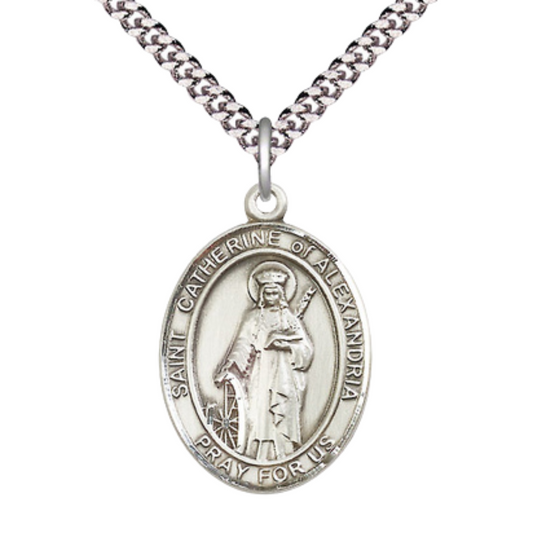 Saint St. Catherine of Alexandria Medal Necklace– Men's Pewter Pendant on 24 Inch Light Rhodium Plated Chain – Catholic Patron Saint St. of Librarians & Lawyers – Velvet Gift Box Included