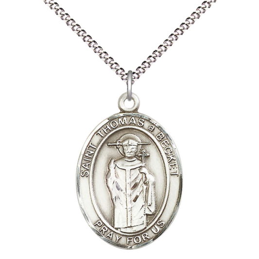 Women's .925 Sterling Silver Saint St. Thomas A Becket Medal Pendant on 18 Inch Rhodium Plated Lite Curb Brass Chain with Lobster Claw Clasp, Catholic Religious Necklace - Made in USA- Velvet Gift Box