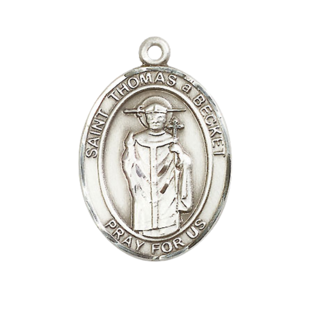 Women's .925 Sterling Silver Saint St. Thomas A Becket Medal Pendant on 18 Inch Rhodium Plated Lite Curb Brass Chain with Lobster Claw Clasp, Catholic Religious Necklace - Made in USA- Velvet Gift Box