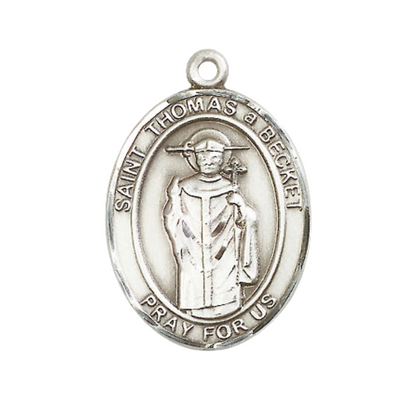 Women's .925 Sterling Silver Saint St. Thomas A Becket Medal Pendant on 18 Inch Rhodium Plated Lite Curb Brass Chain with Lobster Claw Clasp, Catholic Religious Necklace - Made in USA- Velvet Gift Box