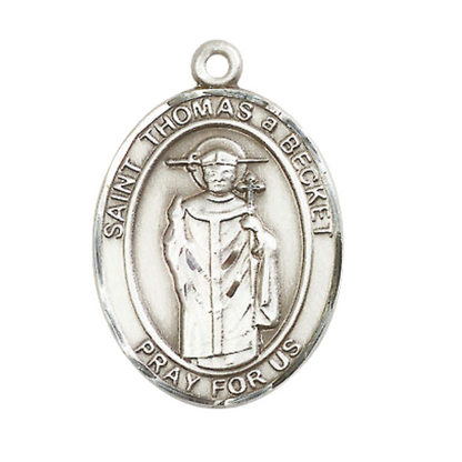 Oval Pewter Saint St. Thomas A Becket Medal Pendant on 24 inch Rhodium Plated Heavy Curb Brass Chain with Lobster Claw clasp, Catholic Religious Necklace - Made in USA - Deluxe Velvet Gift Box