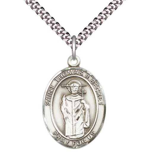 Saint St. Thomas A Becket Medal Necklace– Men's Pewter Pendant with 24 Inch Light Rhodium Plated Chain, Catholic Medal – Patron Saint St. of Clergy – Velvet Gift Box Included