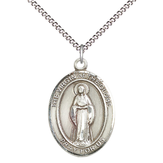 Women's Pewter Virgin of the Globe Medal Pendant on 18 Inch Rhodium Plated Lite Curb Brass Chain with Lobster Claw Clasp, Catholic Religious Necklace - Made in USA- Deluxe Velvet Gift Box