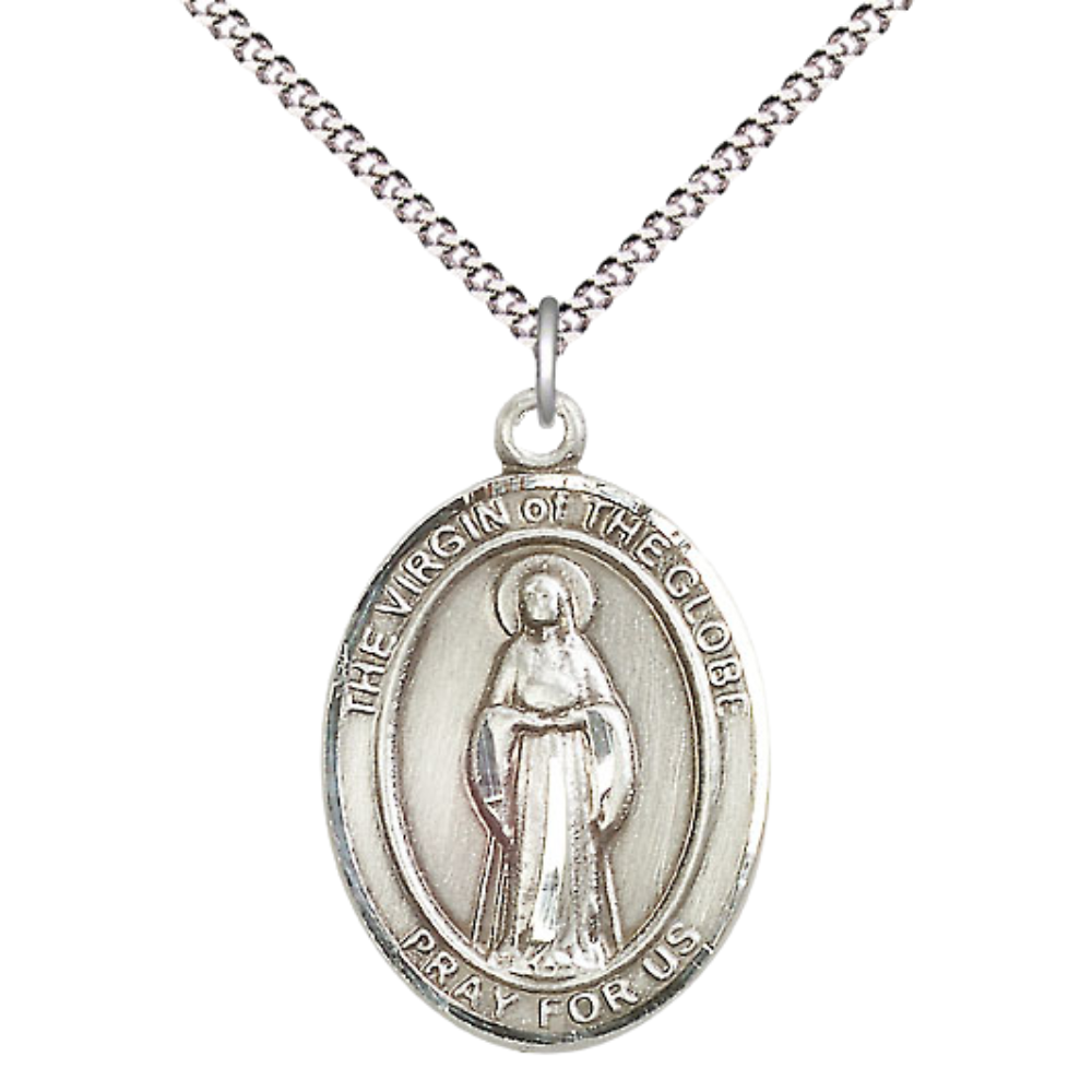 Women's .925 Sterling Silver Virgin of the Globe Medal Pendant on 18 Inch Rhodium Plated Lite Curb Brass Chain with Lobster Claw Clasp, Catholic Religious Necklace - Made in USA- Velvet Gift Box
