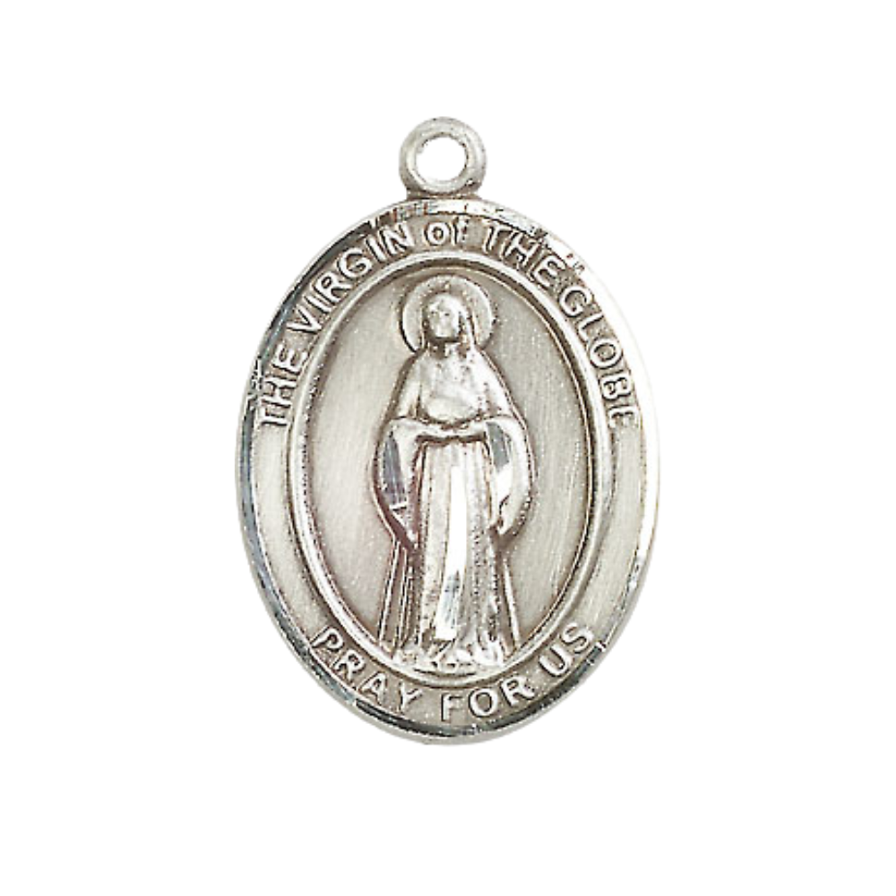 Women's Pewter Virgin of the Globe Medal Pendant on 18 Inch Rhodium Plated Lite Curb Brass Chain with Lobster Claw Clasp, Catholic Religious Necklace - Made in USA- Deluxe Velvet Gift Box