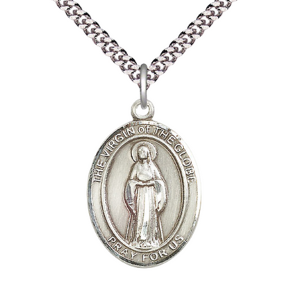 1 x 3/4" Oval Pewter Virgin of the Globe Medal Pendant on 24 Inch Rhodium Plated Heavy Curb Brass Chain with Lobster Claw clasp, Catholic Religious Necklace - Made in USA - Deluxe Velvet Gift Box